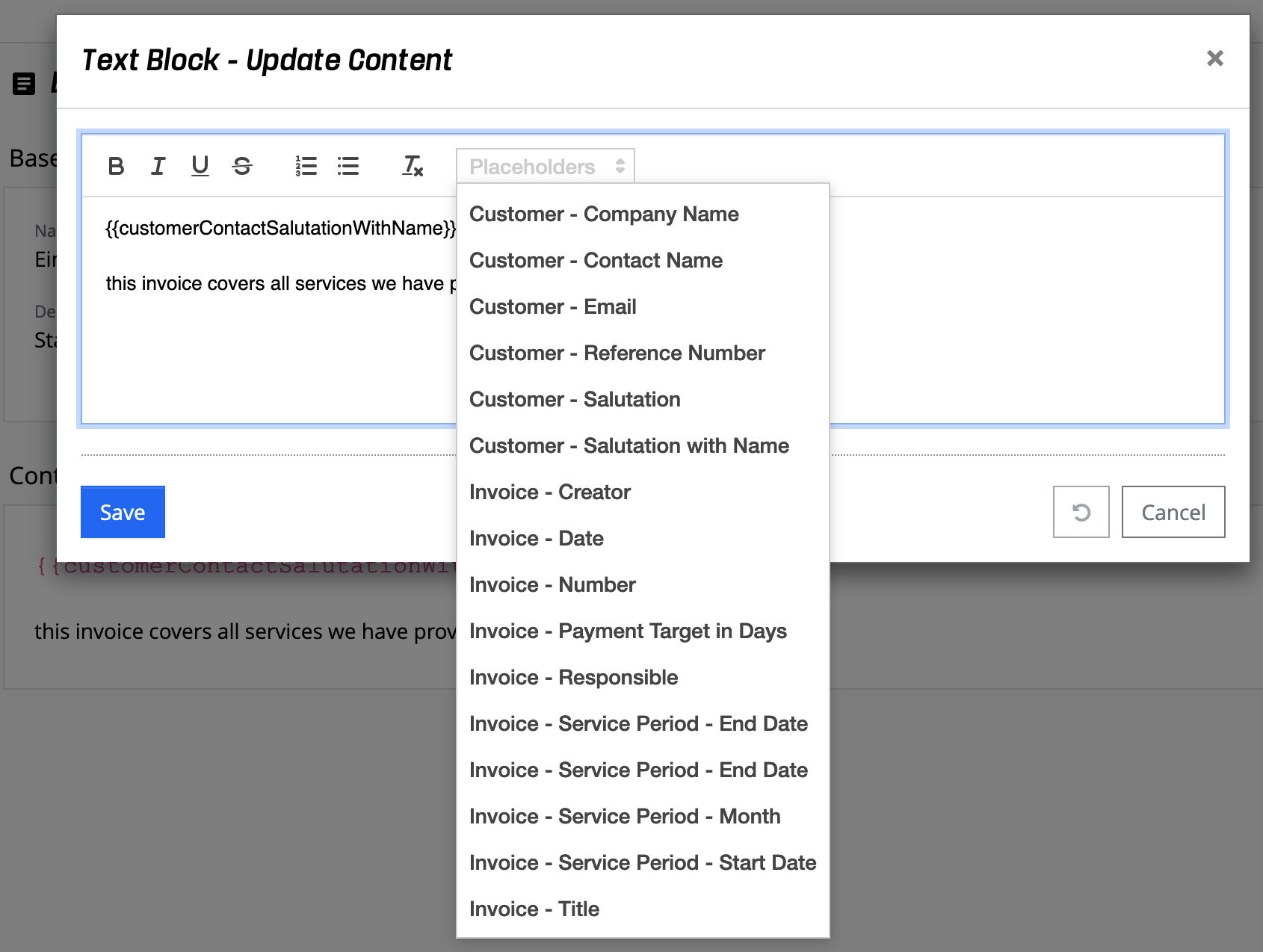 Invoice - Text blocks with placeholders