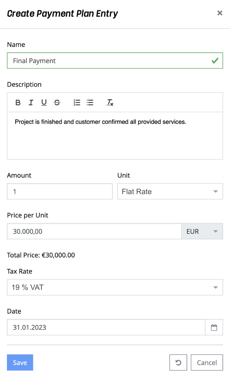 Orders - Payment Plan Entry