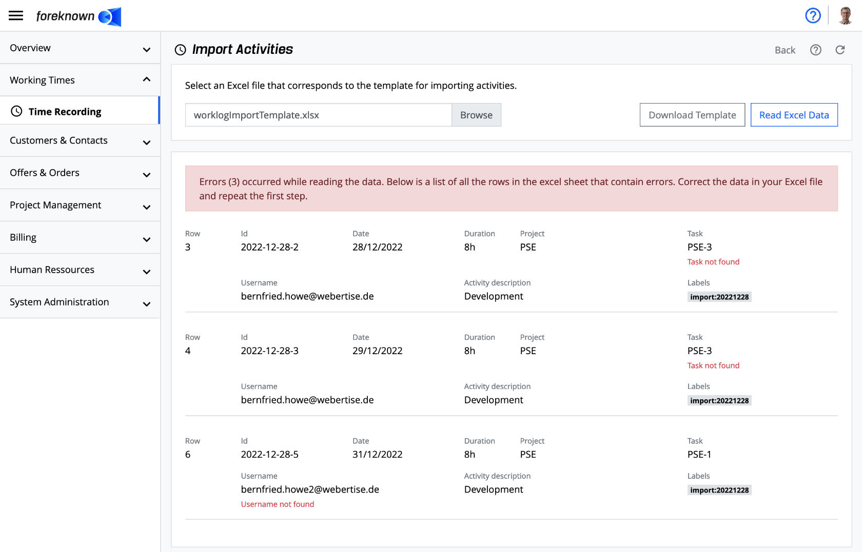 Activities - Import - Overview Errors