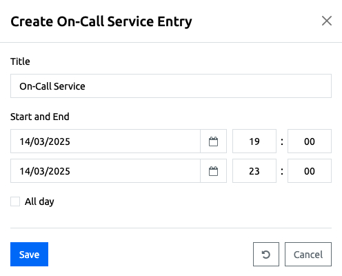 Enter On-Call Service - Popup Dialog