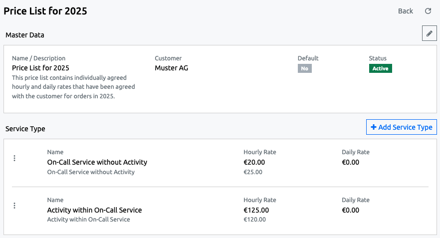 On-Call Service - Price Lists