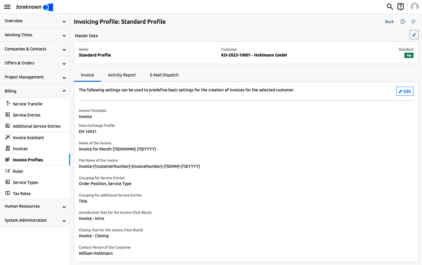 Invoicing Profile - Detailed View