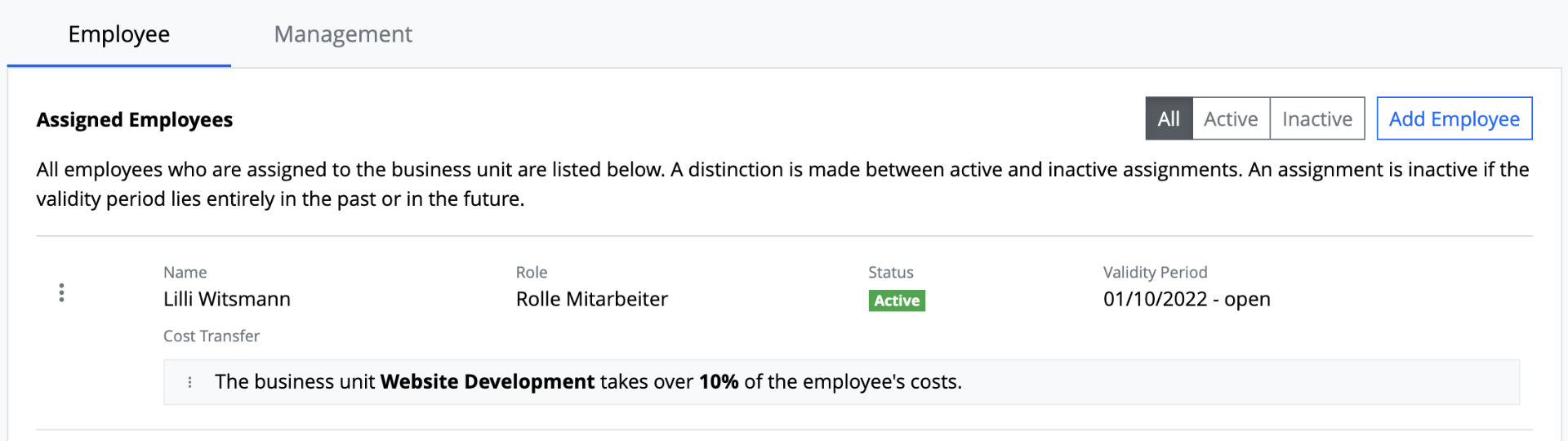 Business Units - Employee with Cost Transfers