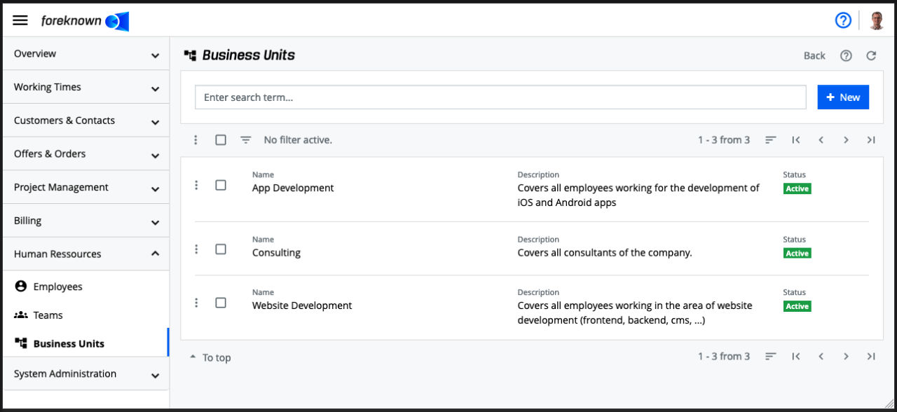 Business Units - List View