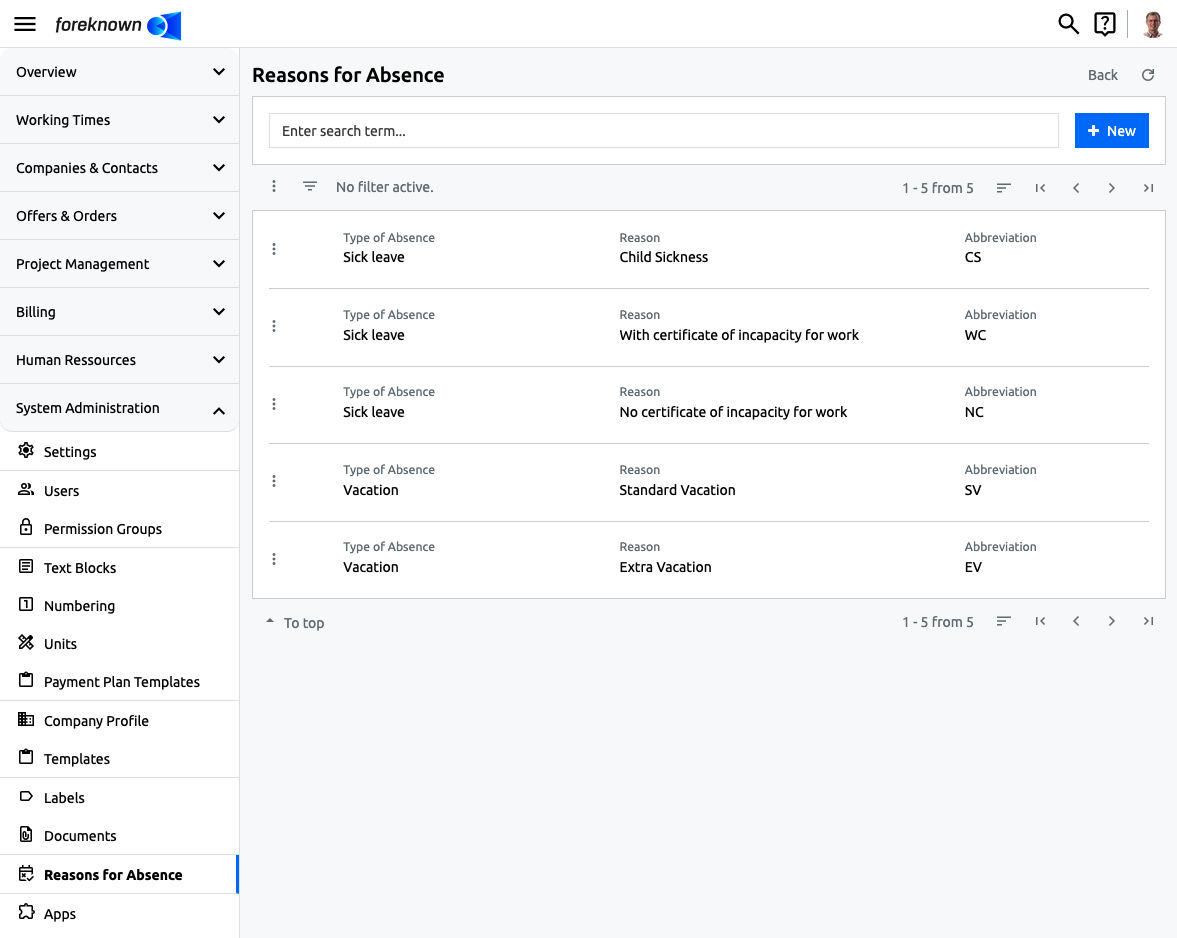 Reasons for Absence - List View