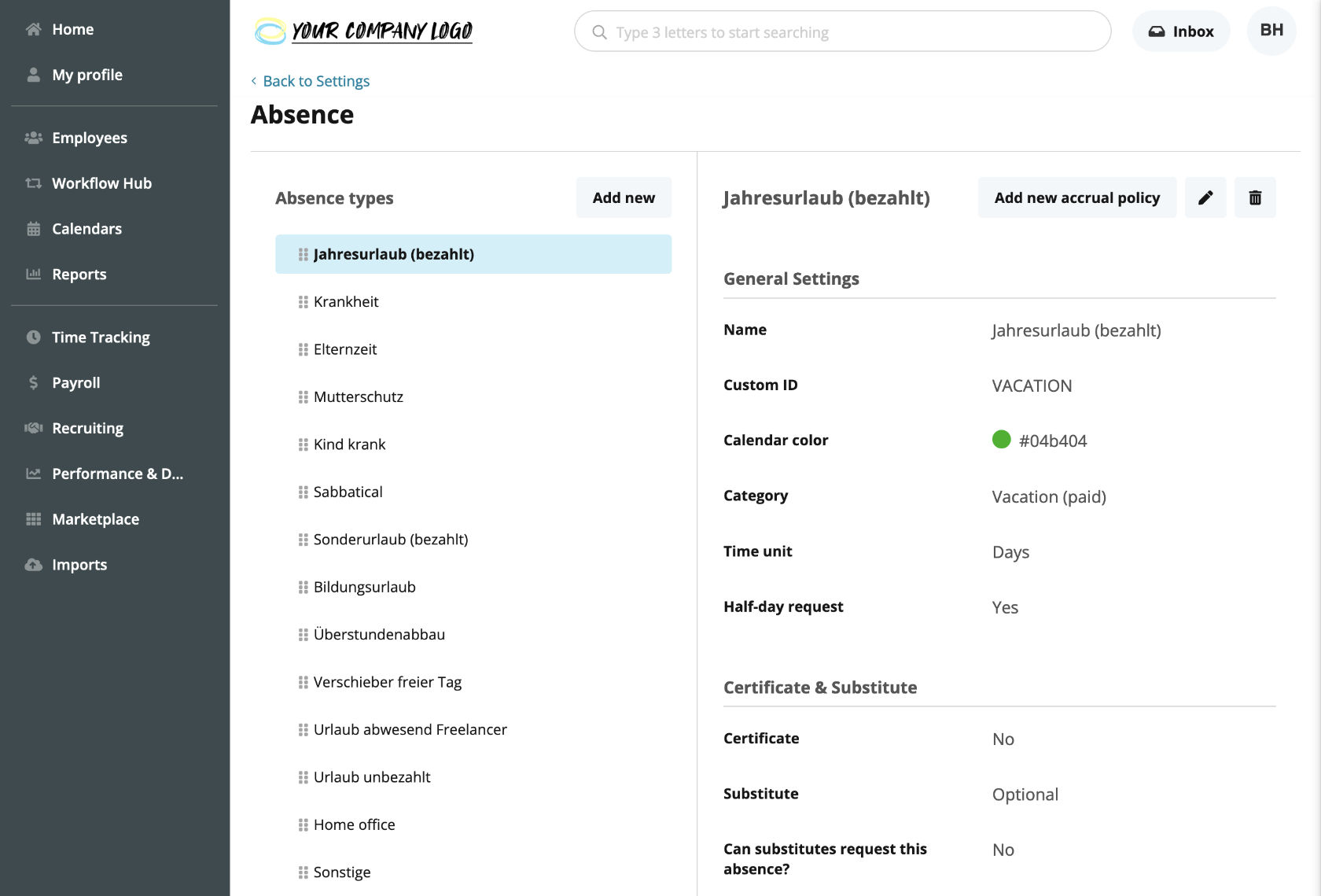 Applications - Personio - Absense Types