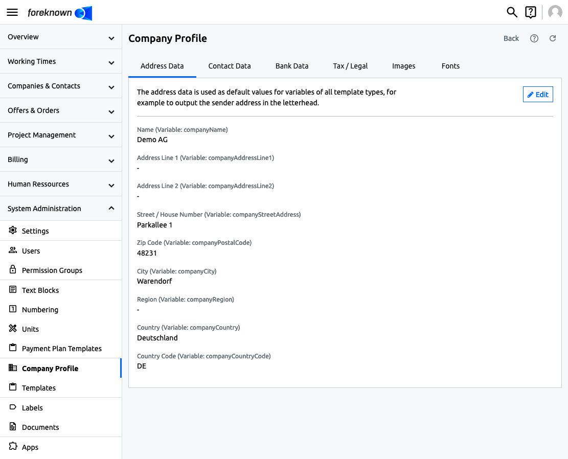 Company Profile - Maintain Address Data