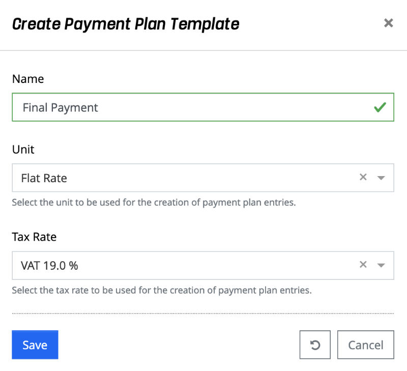 Create Payment Plan Template - Popup Dialog